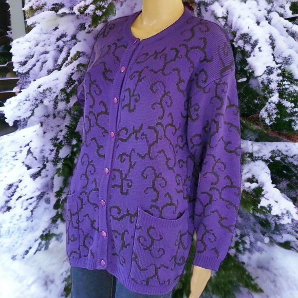 Jimmy Garcia Cardigan Sweater Women's M Purple Black Long Sleeve Button Acrylic - Picture 1 of 11